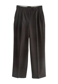 Pantaloni marrone scuro a gamba dritta con motivo a quadri discreto, pieghe frontali, passanti per cintura e chiusura nascosta in vita.