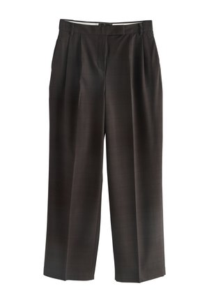 Pantalon droit marron foncé avec un motif à carreaux discret, plis à l'avant, passants de ceinture et fermeture de taille dissimulée.