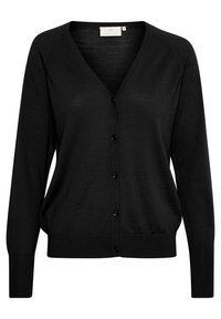 Svart cardigan i lätt material med V-ringning, långa ärmar, knappstängning och ribbade muddar och fåll.
