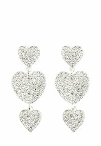 Silberfarbene herzförmige Ohrringe mit drei gestuften Herzen, verziert mit klaren Strasssteinen, in einem polierten Finish und glatter Textur.