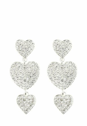 Silver-tone heart-shaped earrings with three tiered hearts, adorned with clear rhinestones, featuring a polished finish and smooth texture.