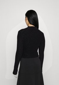 Schwarzer, langärmeliger Pullover mit cropped Design, strukturiertem Material mit metallischen Fäden und hohem Kragen. Tragen mit einem dunklen Rock.
