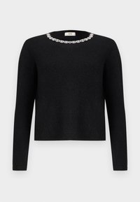 Black sweater with long sleeves and a round neckline, featuring a decorative crystal embellishment around the collar. Soft texture.