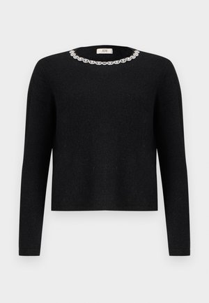 Fekete pulóver hosszú ujjal és kerek nyakkivágással, díszes kristálydísszel a gallér körül. Puha tapintású.