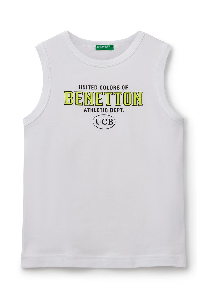 Canottiera bianca in cotone senza maniche con testo nero e giallo neon: "UNITED COLORS OF BENETTON ATHLETIC DEPT. UCB." Collo rotondo.