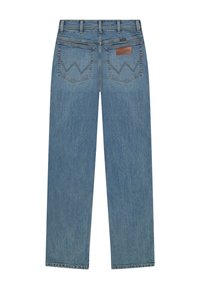 Μπλε τζιν με ίσια γραμμή και πίσω τσέπες που φέρουν ραμμένο το σχέδιο "W" και καφέ δερμάτινο λογότυπο στη δεξιά τσέπη.