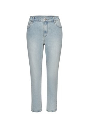 Lichtblauwe spijkerbroek met een hoge taille, rechte pijpen, vijf zakken en een knoopsluiting. Vervaagde wassing met subtiele textuurdetails.