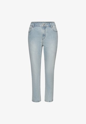 Lichtblauwe spijkerbroek met een hoge taille, rechte pijpen, vijf zakken en een knoopsluiting. Vervaagde wassing met subtiele textuurdetails.