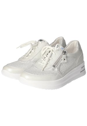 White leather sneakers with silver accents and a perforated design, featuring laces and a zip closure. Rounded sole with textured patterns.
