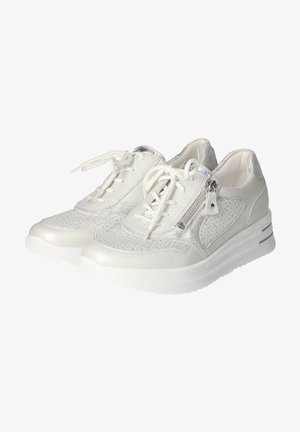 White leather sneakers with silver accents and a perforated design, featuring laces and a zip closure. Rounded sole with textured patterns.