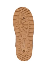 Suela de zapato de goma marrón con surcos profundos, que presenta un logo circular, patrones texturizados y agujeros de drenaje para tracción y flexibilidad.