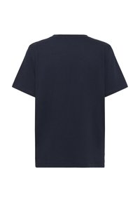 Navy blue cotton t-shirt with a round neckline, short sleeves, and a straight hem. The fabric appears smooth and soft without any patterns.