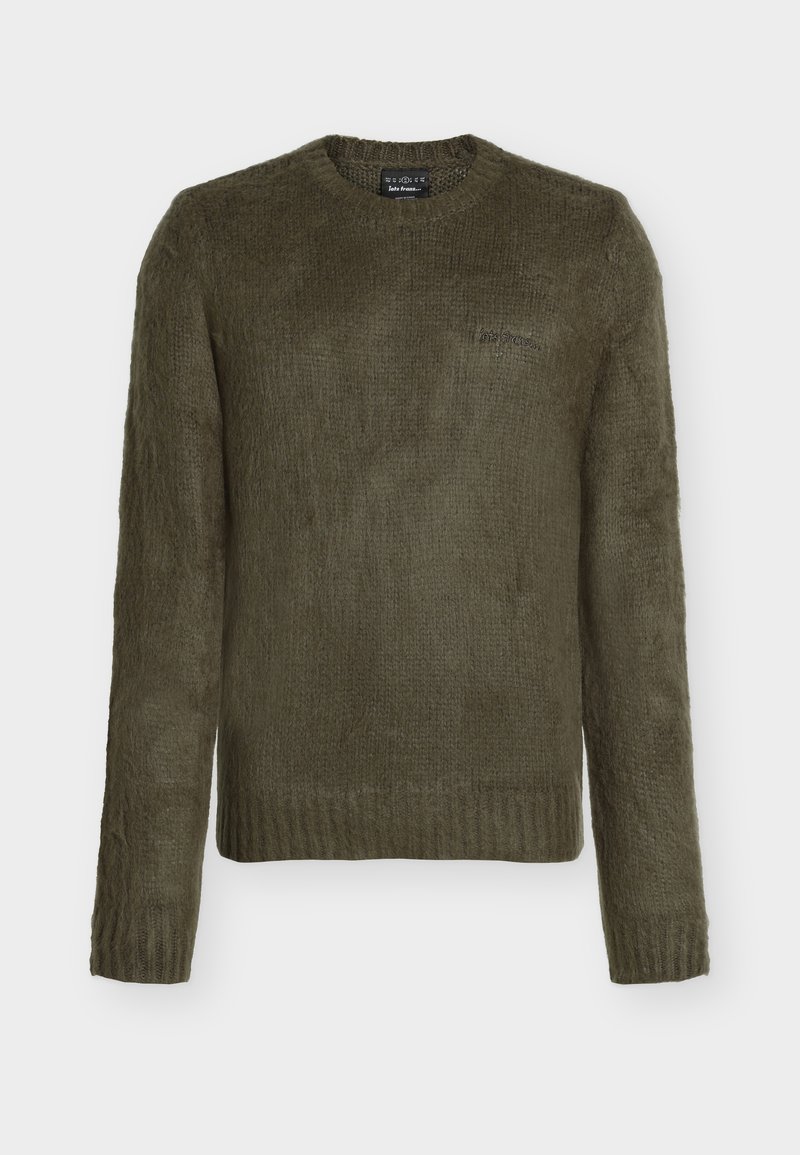 Pletený svetre v olivovo zelenej farbe. Okrúhly výstrih, dlhé rukávy, textúrovaný povrch, rebrované manžety a lem, jemný vyšívaný detail loga na hrudi.