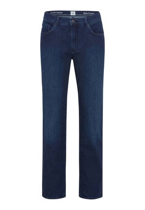 Jean en denim bleu foncé avec une coupe droite, dotés d'une fermeture à bouton à l'avant, de cinq poches et d'accents de décoloration légère.