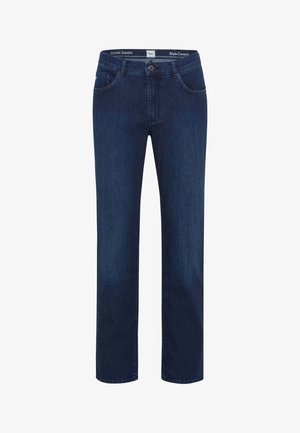 Mørkeblå denim jeans med lige ben-design, der har en frontlukning med knap, fem lommer og let falmede accenter.