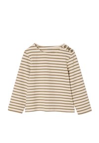 Beige Langarm-Oberteil mit dünnen braunen Streifen, Rundhalsausschnitt und einem Dreiknopfdetail an der linken Schulter. Weicher Baumwollstoff, lässige Passform.