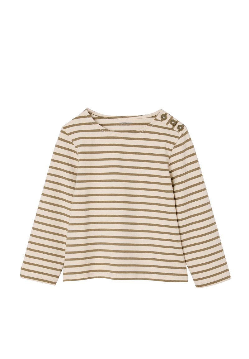 Beige Langarm-Oberteil mit dünnen braunen Streifen, Rundhalsausschnitt und einem Dreiknopfdetail an der linken Schulter. Weicher Baumwollstoff, lässige Passform.