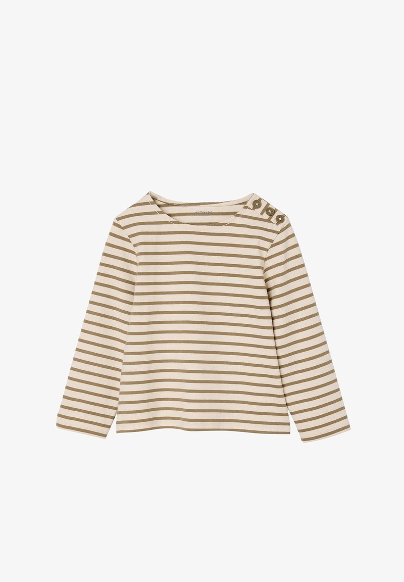 Beige Langarm-Oberteil mit dünnen braunen Streifen, Rundhalsausschnitt und einem Dreiknopfdetail an der linken Schulter. Weicher Baumwollstoff, lässige Passform.