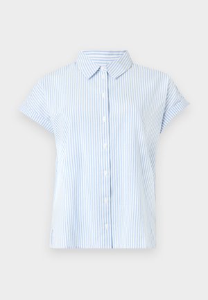 Kortærmet skjorte med knapper i lyseblå og hvide striber. Stoffet har en glat tekstur; har en klassisk krave og en afslappet pasform.