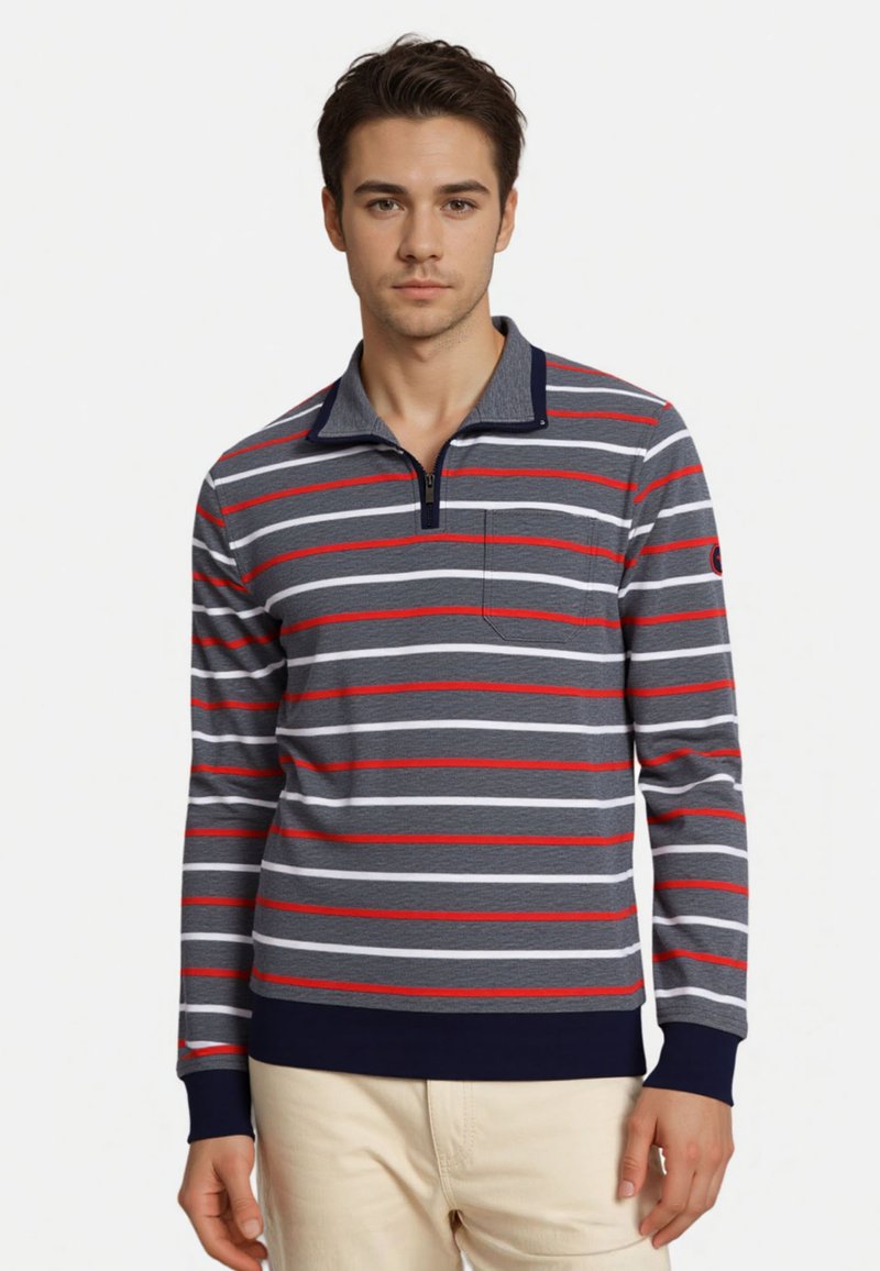 Grau, rot und weiß gestreifte Langarmpolo mit Reißverschlusskragen, ausgestattet mit einem navyblauen Besatz und einer Fronttasche. Hergestellt aus weichem Stoff.