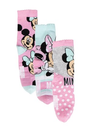 Trois paires de chaussettes aux couleurs pastel : rose, bleu clair et gris. Les motifs incluent des pois et des personnages de dessin animé avec des nœuds.