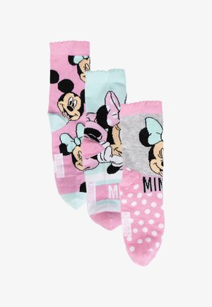 Tre paia di calzini nei colori pastello: rosa, azzurro chiaro e grigio. I modelli includono pois e personaggi dei cartoni animati con fiocchi.