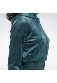 Personne portant un sweat à capuche zippé en velours sarcelle avec une taille côtelée et des poches latérales, visible de la poitrine jusqu'au cou.