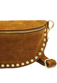 Sac à bandoulière en suede marron avec une fermeture éclair, orné de clous dorés sur le côté, doté d'une sangle avec une boucle en métal.