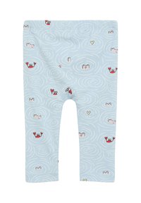 Lichtblauwe leggings van katoen, met een draaipatroon en illustraties van krabben en vissen, versierd met hartjes en verschillende gezichtsuitdrukkingen.