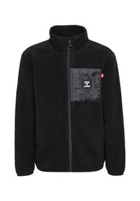Veste en polaire noire avec col montant, fermeture éclair sur le devant et une poche de poitrine en nylon noir contrastant arborant un logo. Tissu texturé et chaud.