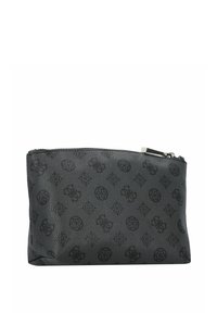Borsetta nera in pelle texturizzata con chiusura a zip, caratterizzata da un discreto motivo logo impresso all'esterno. Forma rettangolare compatta.