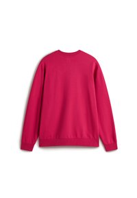 Rosa sweatshirt med långa ärmar, rund halsringning och ribbade muddar. Slät textur, enfärgad, utan dekorationer eller mönster.