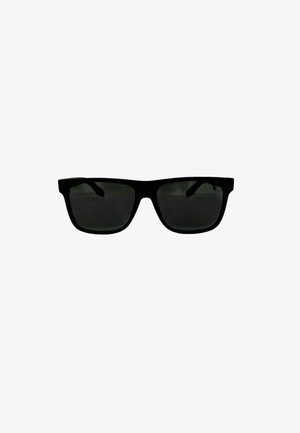 Black rectangular sunglasses with dark lenses centered on a white background.