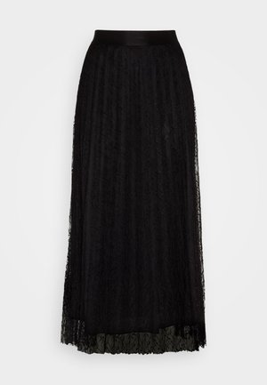 Black maxi skirt made of lace with a textured pattern, featuring a smooth waistband and a layered, flowing design.