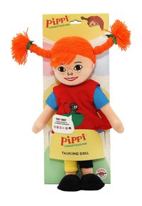 Praatpop met levendig oranje haar in staartjes, gekleed in een rode jurk over een blauw shirt, gele en zwarte broeken, en zwarte schoenen.