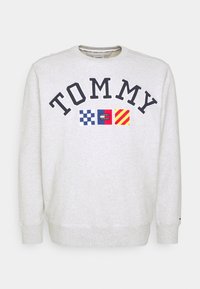 Felpa grigio chiaro in cotone, con scollatura rotonda e maniche lunghe. La parola "TOMMY" è stampata in modo evidente sopra tre bandiere colorate.