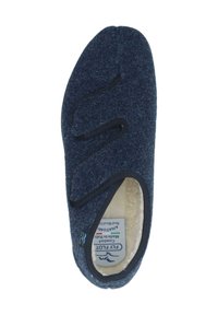 Dunkelblaue Wollschlappen mit schwarzem Rand, gefüttert mit leichtem Fleece. Verfügt über ein elastisches Design für einfaches Anziehen und eine flache Sohle.