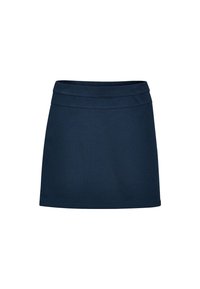 Granatowa spódnica mini z usztywnionym paskiem w talii, bezszwowym wykończeniem i miękkim, teksturowanym materiałem. Brak widocznych wzorów i ozdób.