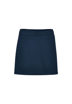 Marineblauer Minirock mit strukturiertem Bund, nahtlosem Design und weichem, strukturiertem Stoff. Keine sichtbaren Muster oder Verzierungen.