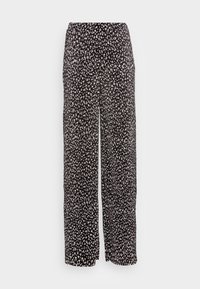 Pantalon noir à jambes larges en tissu léger avec un motif floral blanc, doté d'une ceinture élastique et d'une coupe décontractée.