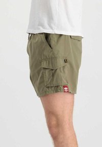 Grüne Cargo-Shorts mit zwei seitlichen Taschen, einer Gesäßtasche und einem kleinen roten Logostick auf dem unteren Saum. Leichtes Material mit einer lockeren Passform.