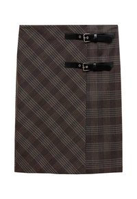 Jupe marron à carreaux avec un design diagonal ; elle est dotée de sangles en cuir noir avec des boucles métalliques. Fabriquée en tissu texturé. Coupe mi-longue.
