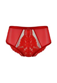 Czerwone seksowne majtki z wysokim stanem, wykonane z kwiatowej koronki, przezroczystej siateczki oraz z małym metalowym kółkiem na środku z przodu.