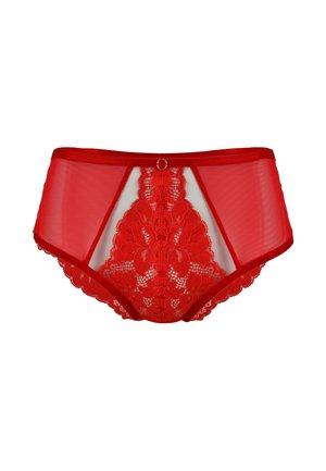 Czerwone seksowne majtki z wysokim stanem, wykonane z kwiatowej koronki, przezroczystej siateczki oraz z małym metalowym kółkiem na środku z przodu.
