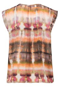 Top senza maniche con pieghe, caratterizzato da un motivo tie-dye orizzontale in tonalità di arancione, rosa, verde, marrone e bianco.