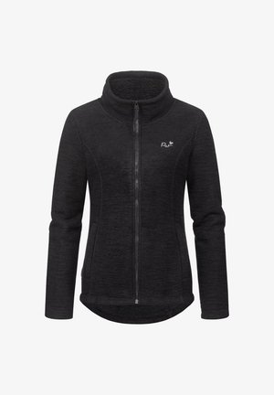 Black fleece jacket with high collar, zip closure, textured surface, and rounded hem. Features logo on the left chest and fitted sleeves.