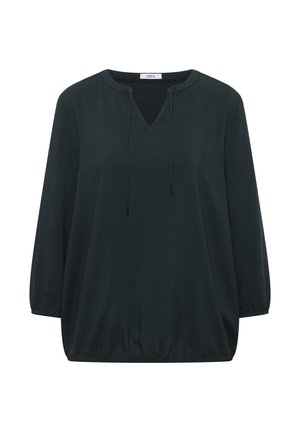 Sort bluse med lange ærmer, rund hals og V-formet slids, med justerbare bindebånd og elastiske manchetter og kant.