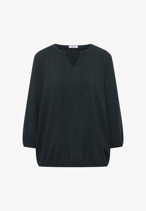 Blouse noire à manches longues avec col rond et fente en V, dotée de cordons réglables et de poignets et ourlet élastiques.