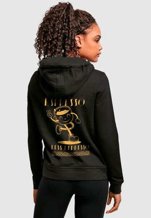Black hoodie featuring a gold cartoon character design on the back with the text "ESPRESSO LESS DEPRESSO." Soft fabric, long sleeves, and a hood.