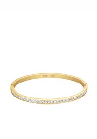 Bracciale in oro con una fila di cristalli trasparenti lungo il bordo. Design semplice e liscio con una sezione aperta. Contrassegnato con "ROSEFIELD."